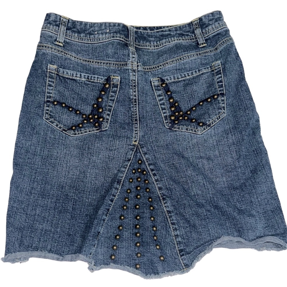 Vintage Late 90s / y2k Embellished Blue Denim Fringe Hem Jean Skirt Size 7 EUC